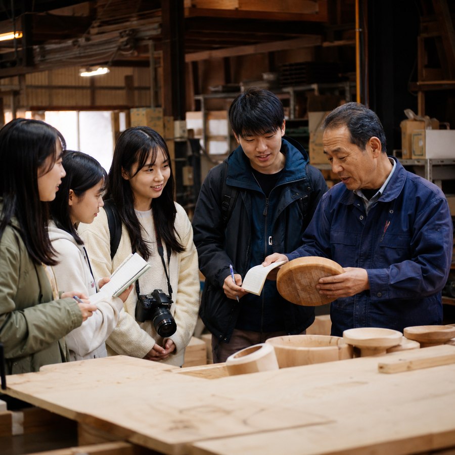 職人と学生メンバーが工房で対話している様子